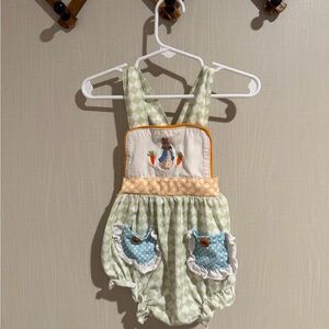 Green Checkered Baby Romper with Embroidery